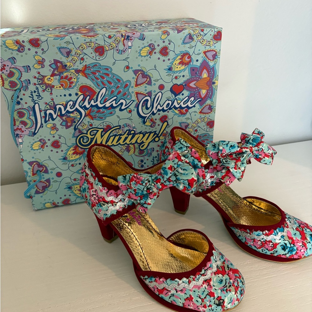 Irregular Choice Floral Bow Mid Heels in Teal, Pink & Gold